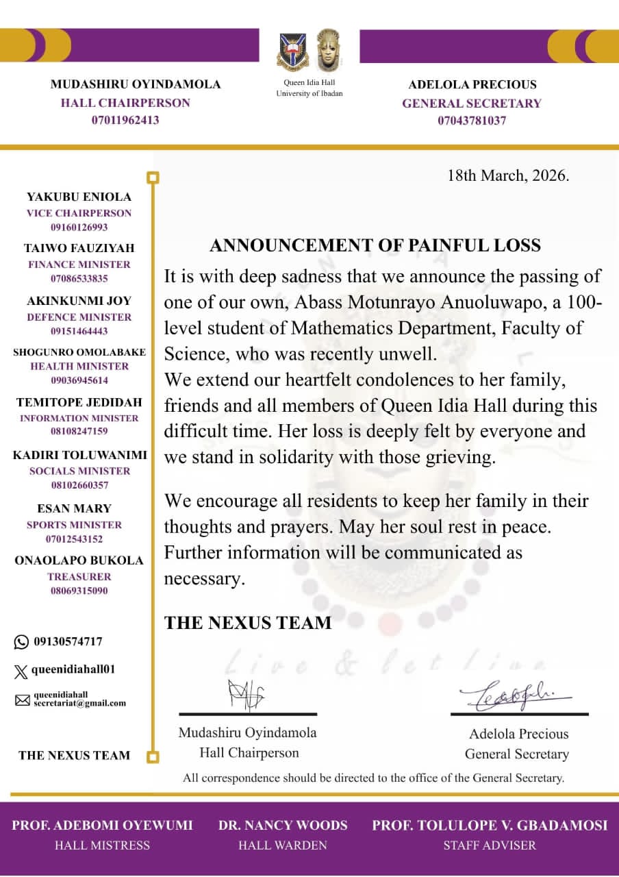 Idia Hall Announces Death of 100-Level Student