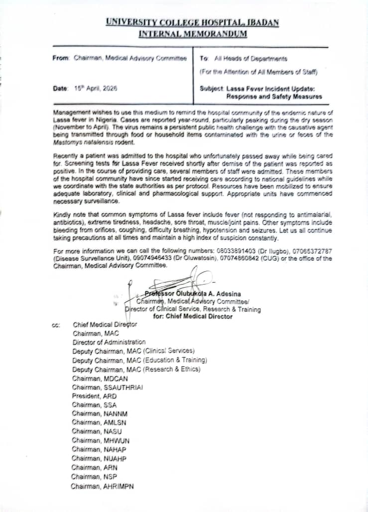 UCH Ibadan Issues Health Advisory After Lassa Fever Case Confirmed Following Patient’s Death
