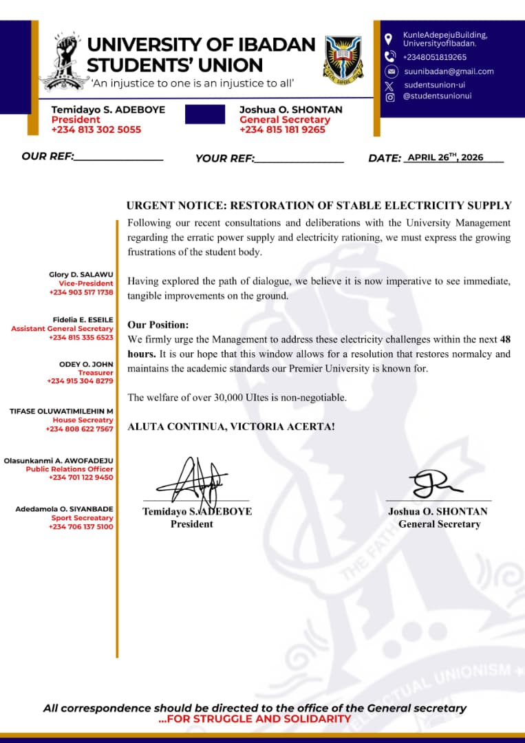 UI SU Issues 48-Hour Ultimatum to Management Over Electricity Crisis